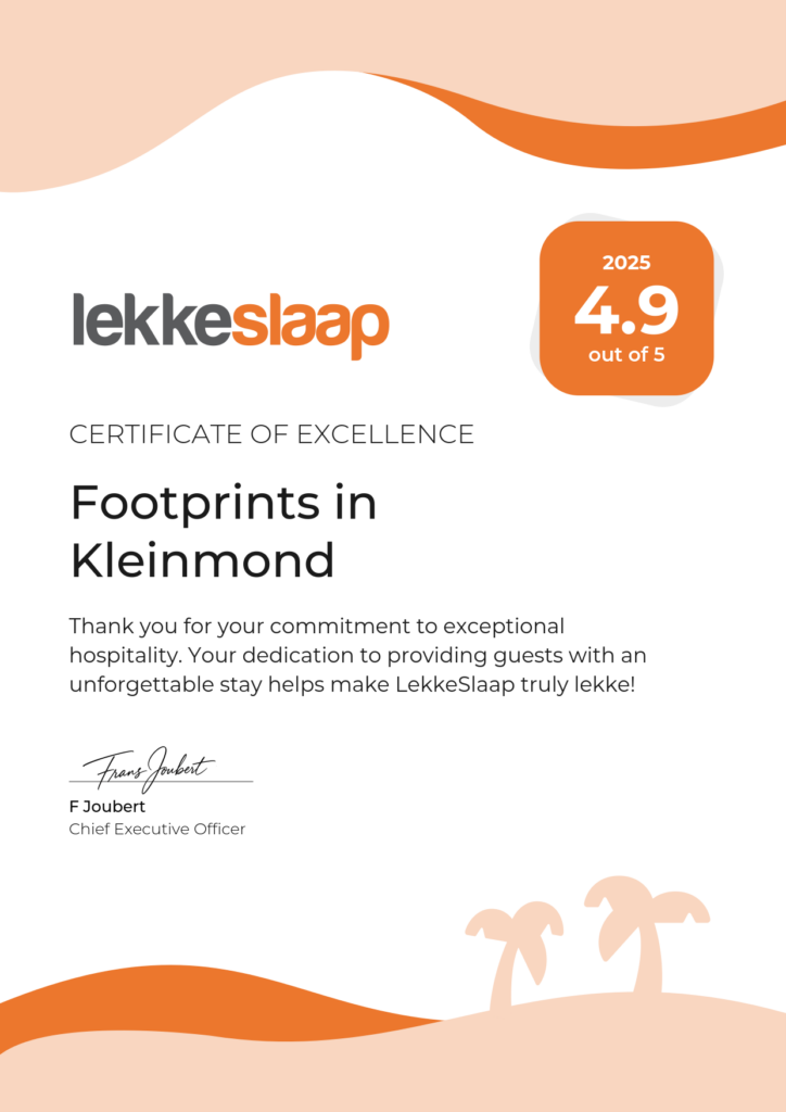 Footprints in Kleinmond certificate of excellence